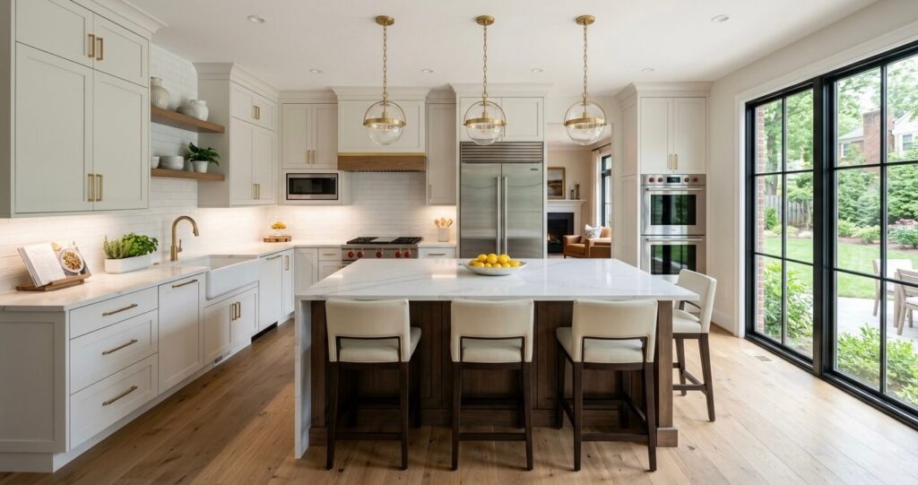 Luxury modern kitchen remodel in McLean VA featuring white cabinets, quartz island, and open-concept design with natural lighting
