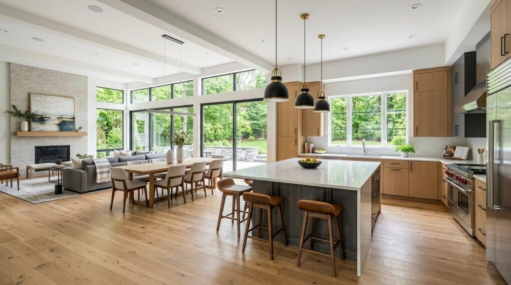 Open concept kitchen remodel in McLean VA with large island and connected living space showing modern layout