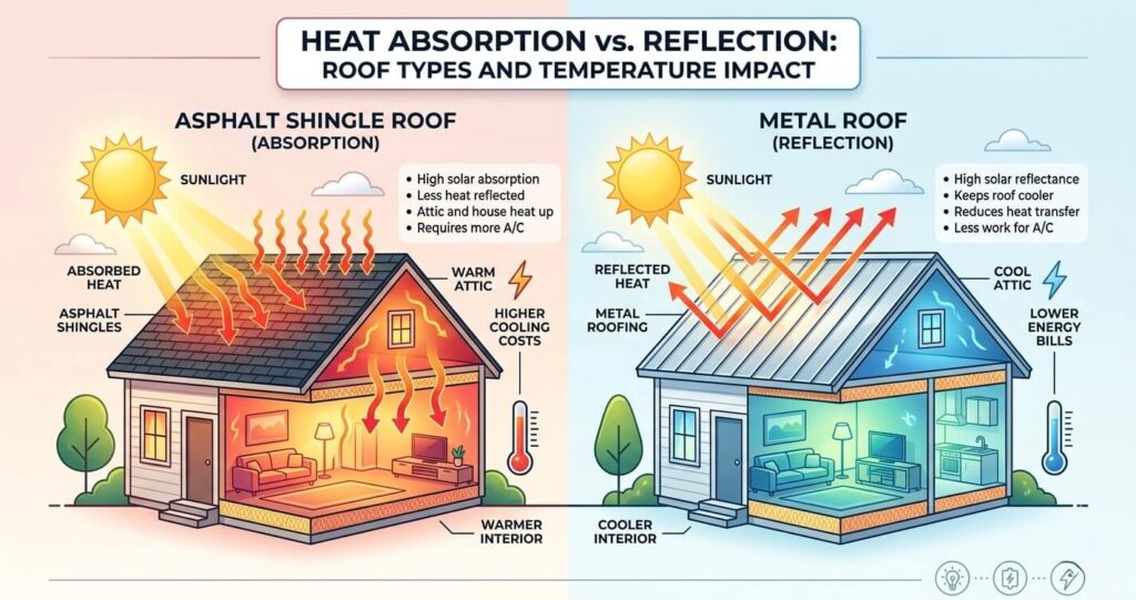 Asphalt vs. Metal Roofing Northern Virginia: Cost, Durability & ROI Guide (2026) 7 asphalt vs metal roofing Northern Virginia energy efficiency metal roof heat reflection vs asphalt