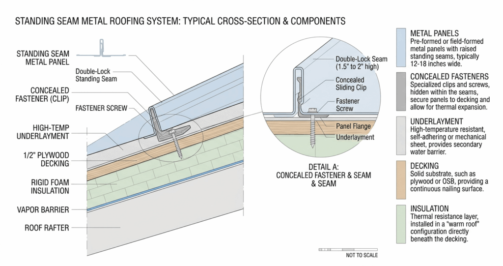 Asphalt vs. Metal Roofing Northern Virginia: Cost, Durability & ROI Guide (2026) 4 asphalt vs metal roofing Northern Virginia metal roof structure standing seam diagram layers