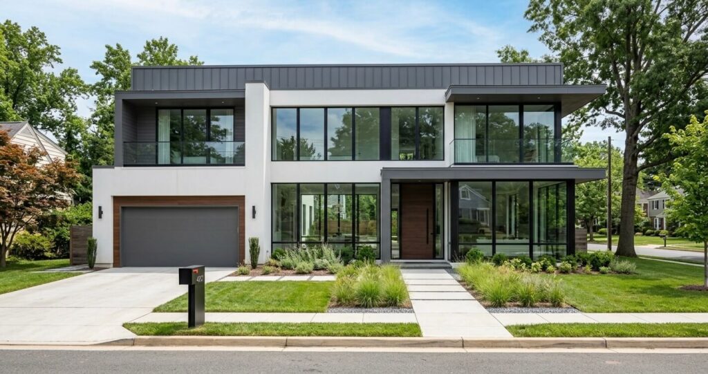 Custom Home Design Trends Northern Virginia (2026 Guide) 5 Modern minimalist home design with large glass windows in Northern Virginia