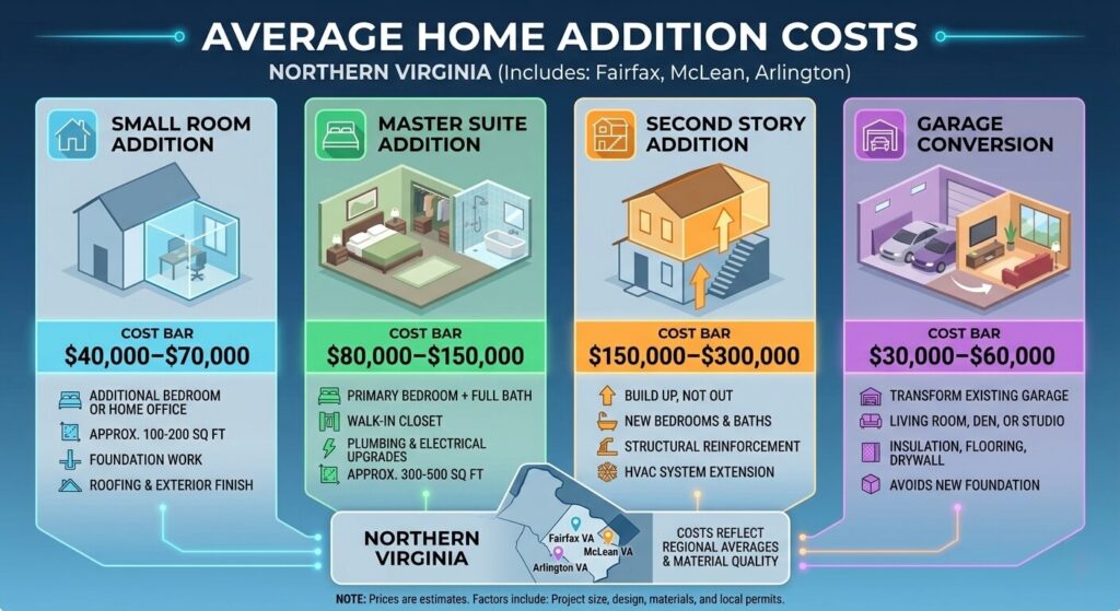 Home addition cost ranges in Northern Virginia including Fairfax, McLean, and Arlington