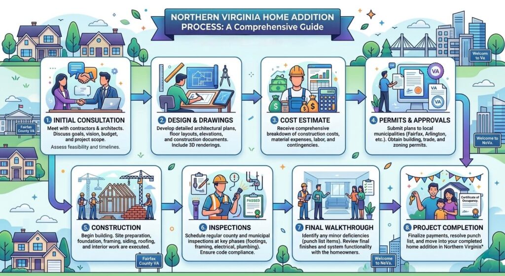 Step-by-step home addition process in Northern Virginia including Fairfax, McLean, and Arlington