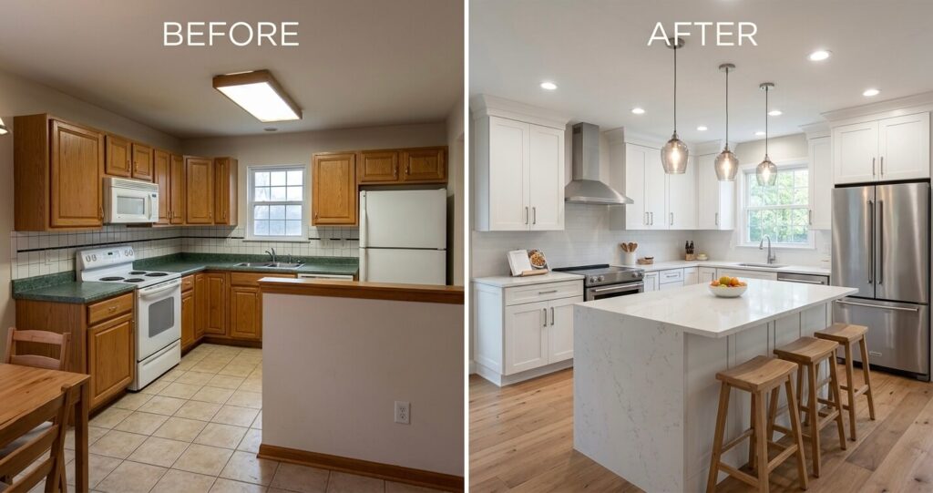 open concept kitchen remodel Fairfax VA with island and pantry design
