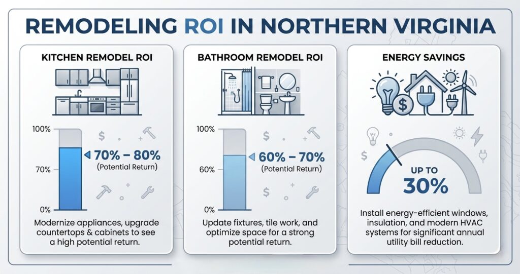 home remodeling ROI Northern Virginia kitchen bathroom energy savings infographic
