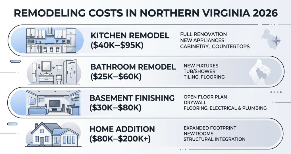 remodeling cost breakdown Northern Virginia 2026 kitchen bathroom basement addition infographic
