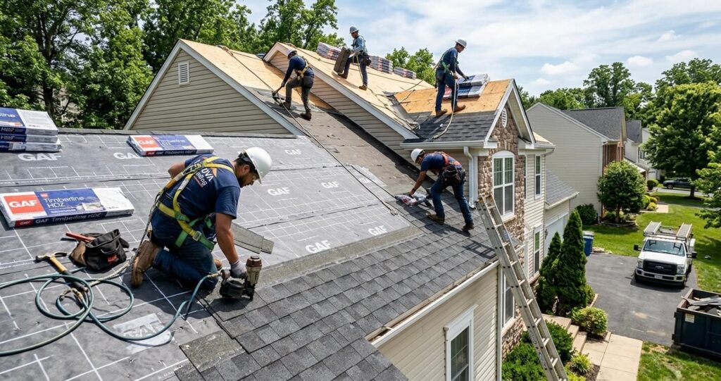 Roof Replacement Annandale VA: Costs, Permits & 2026 Homeowner Guide 9 Roofing contractor installing asphalt shingles during roof replacement Annandale VA project
