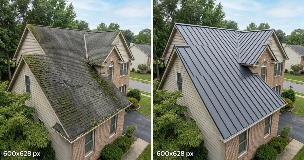 Asphalt vs. Metal Roofing Northern Virginia: Cost, Durability & ROI Guide (2026) 6 asphalt vs metal roofing Northern Virginia maintenance comparison moss asphalt vs clean metal roof