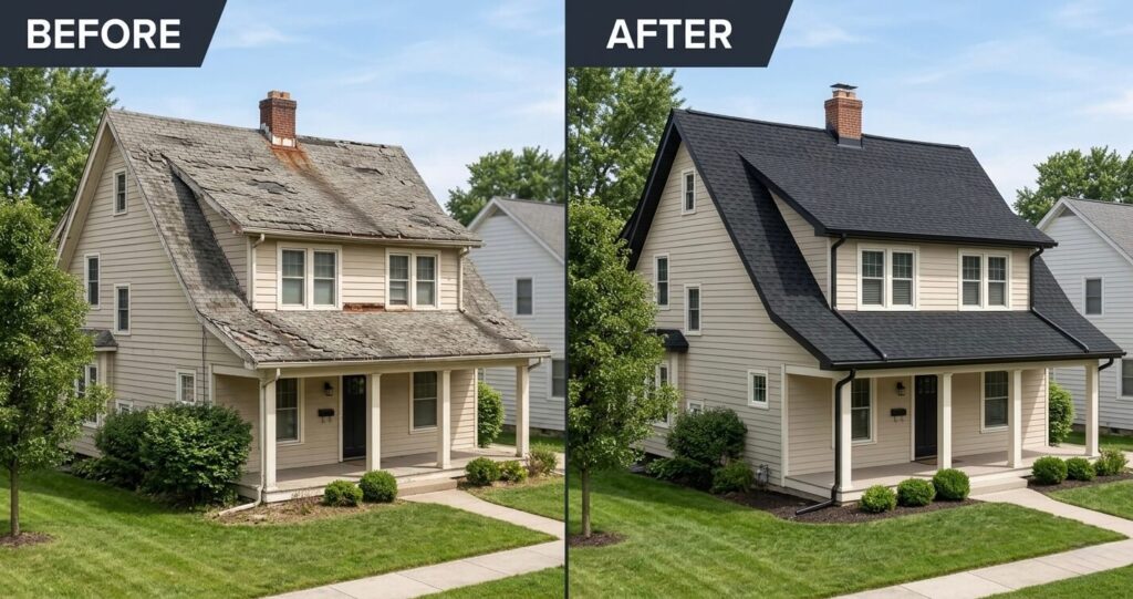Roof Replacement Annandale VA: Costs, Permits & 2026 Homeowner Guide 10 Before and after roof replacement Annandale VA showing transformation from old damaged roof to new asphalt shingles