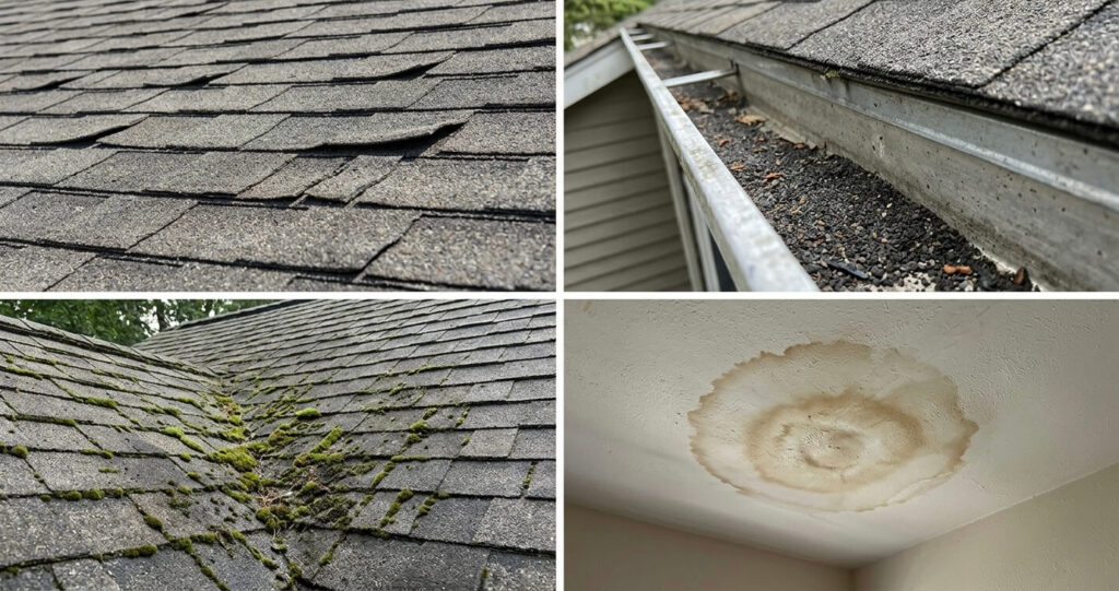 Roof Replacement Annandale VA: Costs, Permits & 2026 Homeowner Guide 2 Common warning signs for roof replacement Annandale VA including curling shingles, granule loss, moss growth, and ceiling water damage