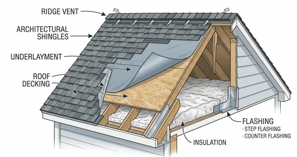 Roof Replacement Annandale VA: Costs, Permits & 2026 Homeowner Guide 5 Roof structure layers diagram showing shingles underlayment decking and ventilation for roof replacement Annandale VA