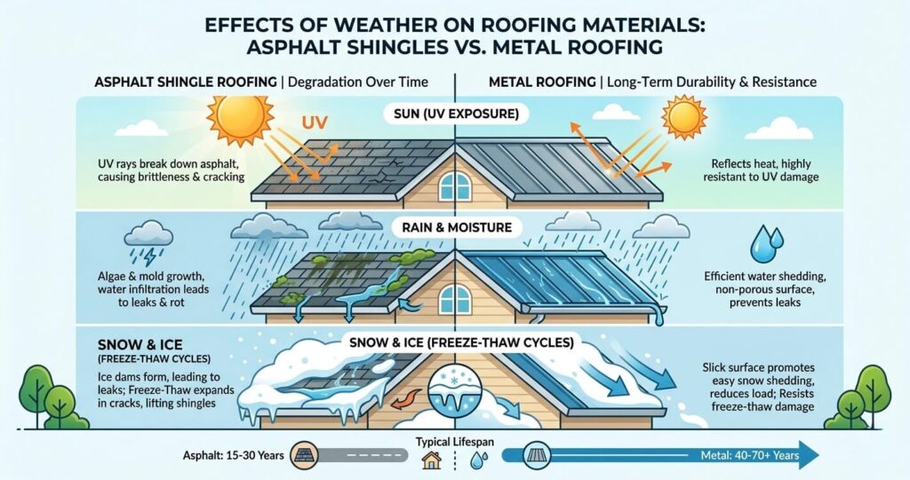 Asphalt vs. Metal Roofing Northern Virginia: Cost, Durability & ROI Guide (2026) 5 asphalt vs metal roofing Northern Virginia climate impact freeze thaw UV damage roofing materials