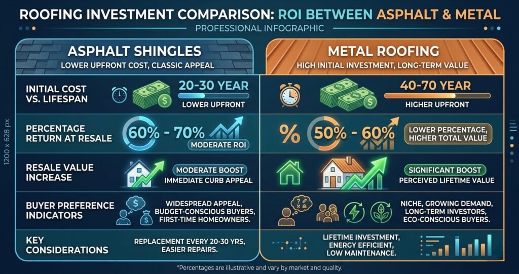 Asphalt vs. Metal Roofing Northern Virginia: Cost, Durability & ROI Guide (2026) 8 asphalt vs metal roofing Northern Virginia ROI resale value comparison metal vs asphalt roofing