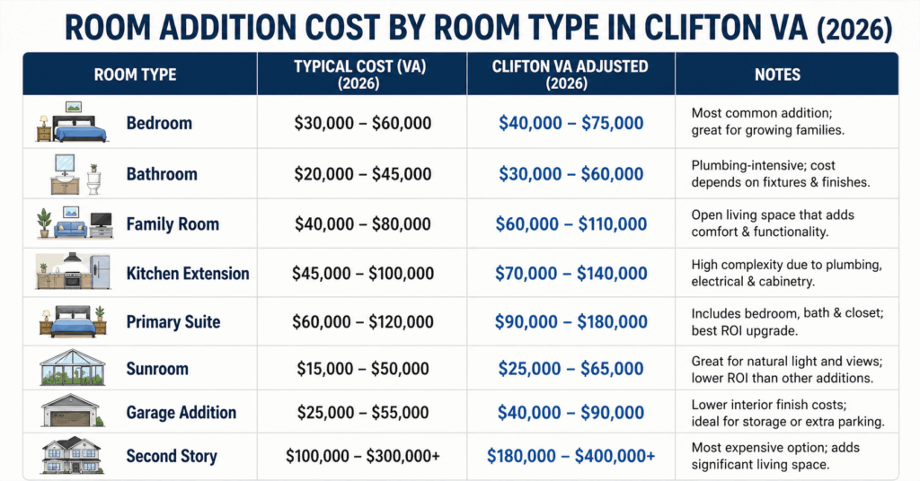 Room addition cost Clifton VA by room type including bedroom bathroom and kitchen extension pricing

