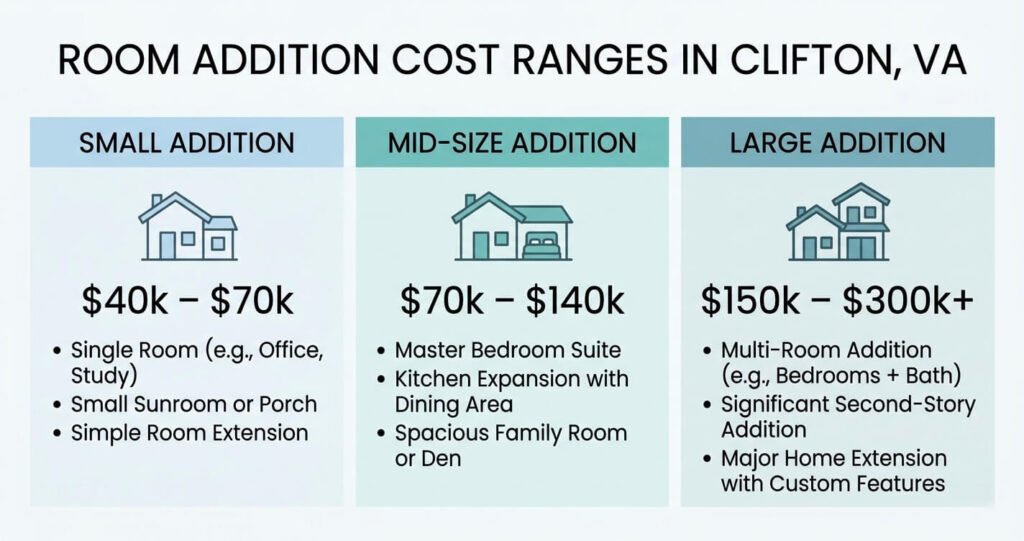 Room addition cost Clifton VA infographic showing small mid and large project price ranges

