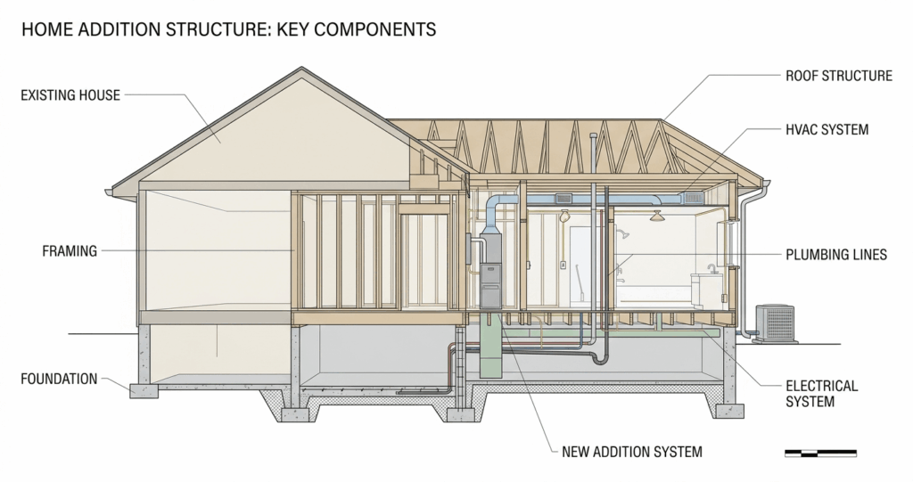 Technical diagram showing room addition cost drivers including foundation framing HVAC and plumbing

