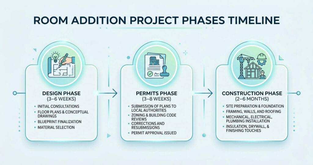 Room addition timeline Clifton VA showing design permit and construction phases

