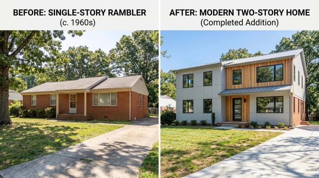 Second Story Addition in Northern Virginia: Cost Guide (2026) 6 Before and after comparison of a second story addition in Northern Virginia showing transformation from single-story to two-story home