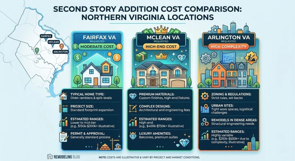 Second Story Addition in Northern Virginia: Cost Guide (2026) 3 Comparison of second story addition costs in Fairfax VA McLean VA and Arlington VA with location-based pricing insights
