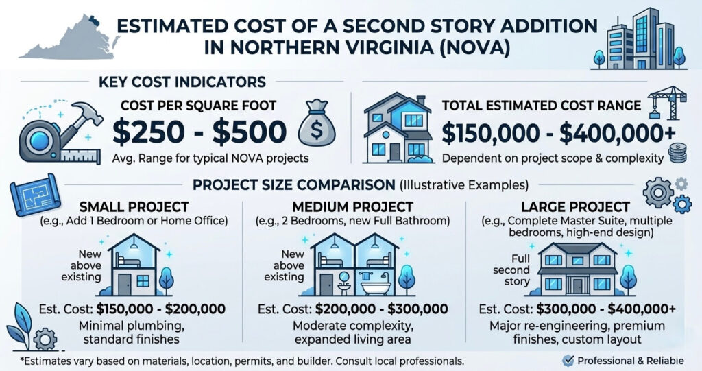 Second Story Addition in Northern Virginia: Cost Guide (2026) 2 Infographic showing second story addition cost in Northern Virginia including price per square foot and total project cost