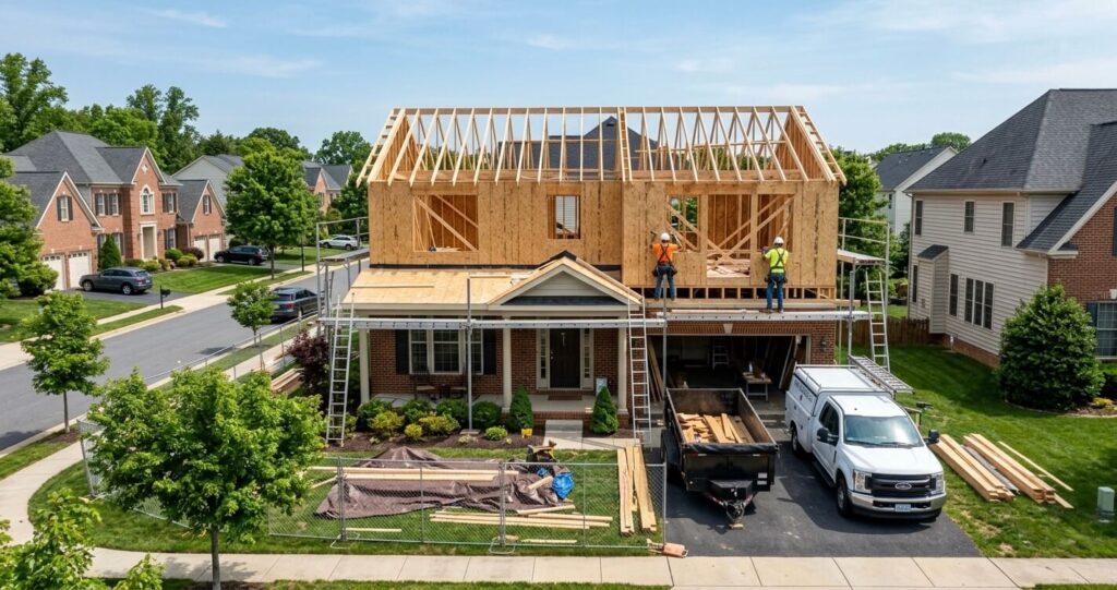 Second Story Addition in Northern Virginia: Cost Guide (2026) 1 Second story addition in Northern Virginia showing a home under construction with new upper level framing