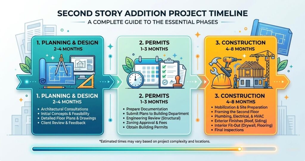 Second Story Addition in Northern Virginia: Cost Guide (2026) 5 Timeline infographic showing planning permits and construction phases for a second story addition project