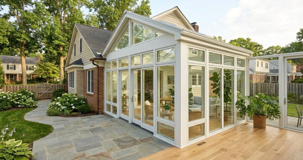 sunroom addition Arlington County VA modern glass sunroom exterior and interior

