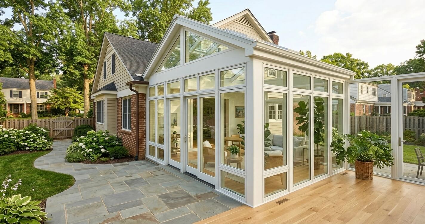 sunroom addition Arlington County VA modern glass sunroom exterior and interior