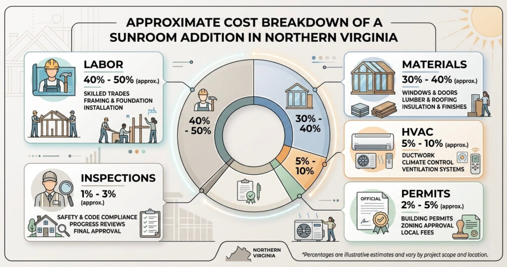 sunroom addition cost breakdown Northern Virginia materials labor HVAC permits infographic

