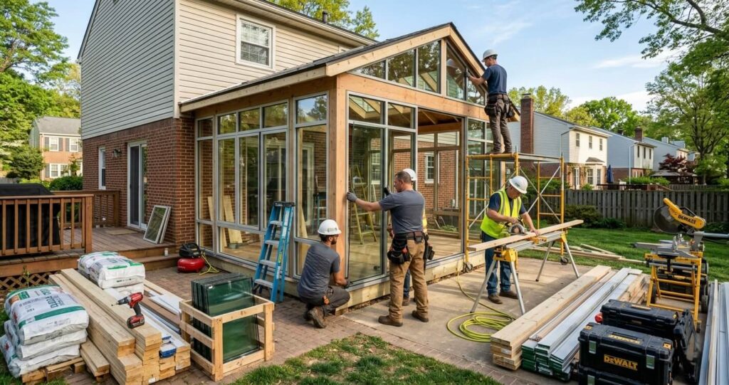 sunroom construction contractors Northern Virginia professional design build team working

