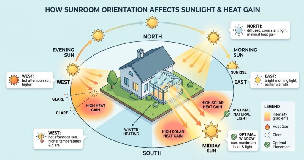 sunroom orientation sunlight planning heat gain window placement Northern Virginia

