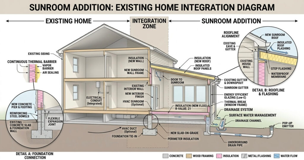 sunroom addition structural integration foundation roofline drainage insulation diagram

