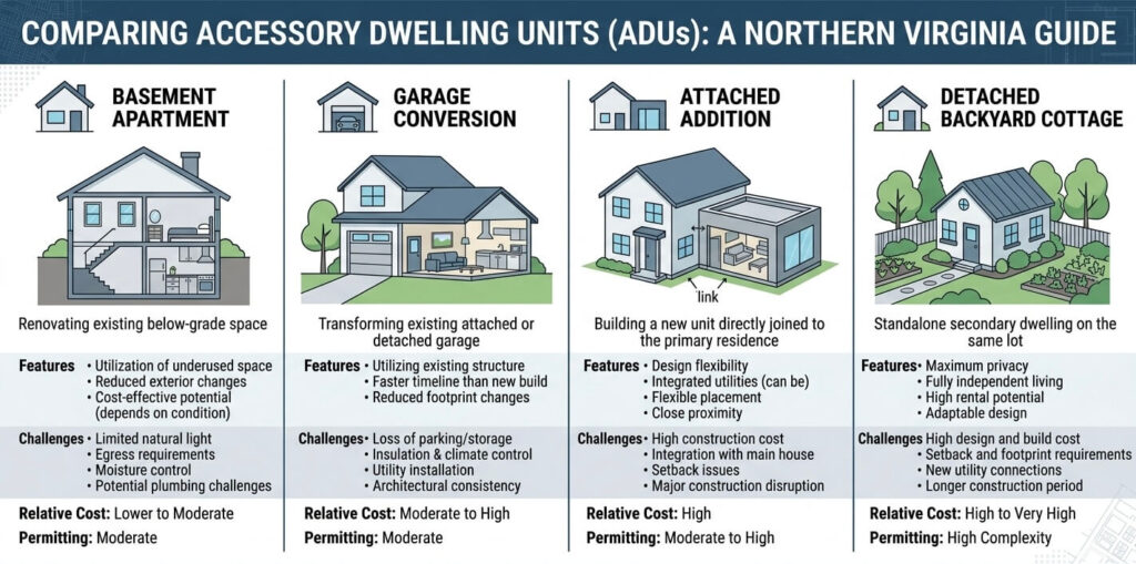 Infographic showing types of accessory living unit Fairfax County VA including basement, garage conversion, and detached cottage

