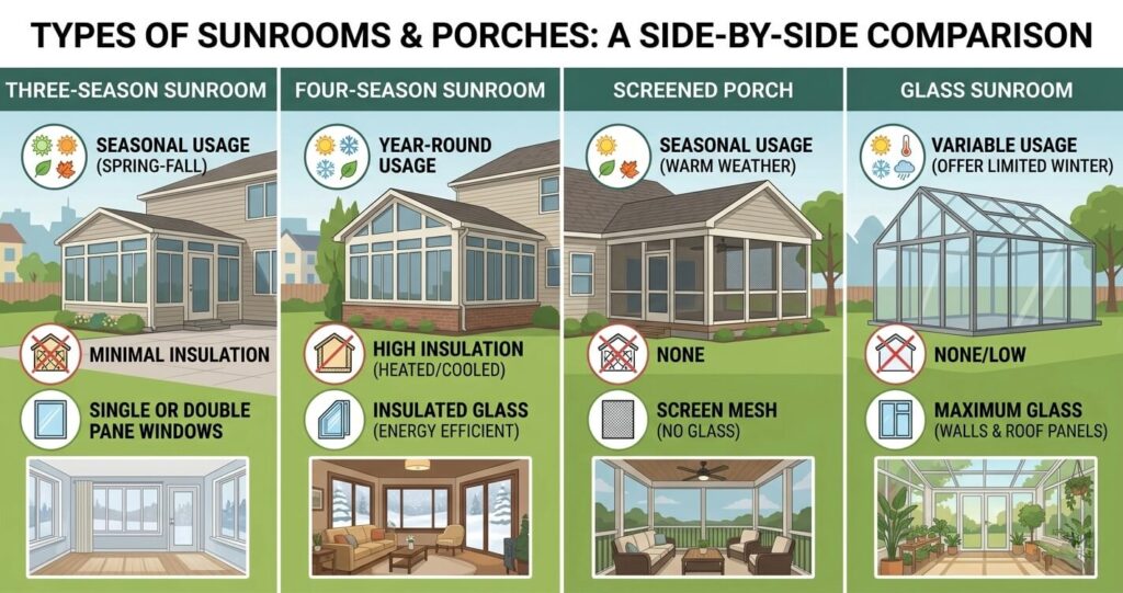 three season vs four season sunroom comparison Northern Virginia screened porch and glass sunroom

