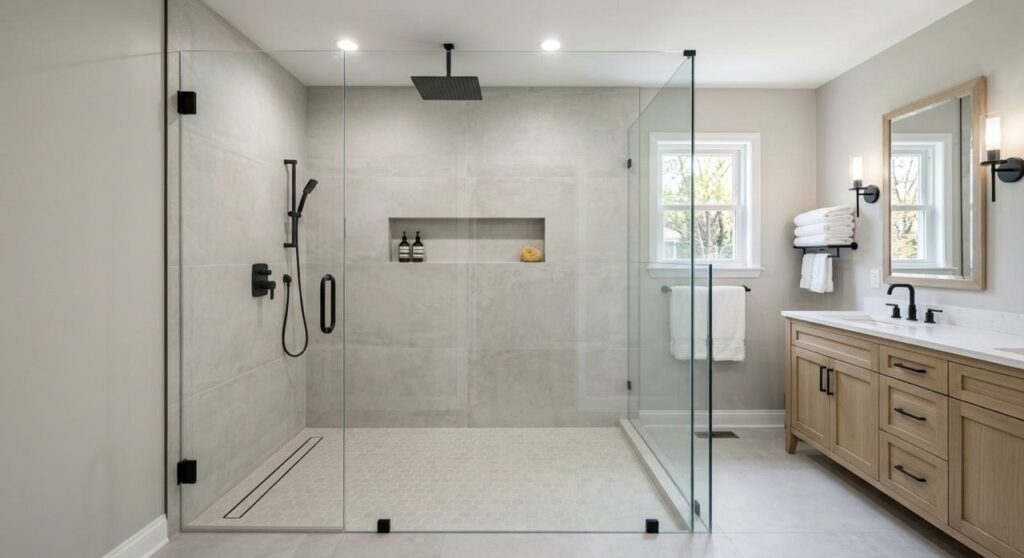 walk-in shower remodel Northern Virginia frameless glass tile shower