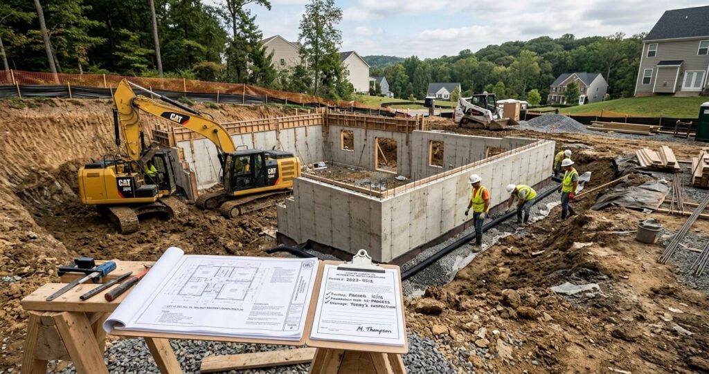 Walkout Basement vs. Finished Basement Northern Virginia: Which Is Better for Your Home? 7 Construction site showing walkout basement excavation and foundation work with blueprint and permit inspection context.