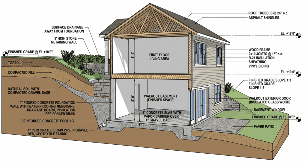 Walkout Basement vs. Finished Basement Northern Virginia: Which Is Better for Your Home? 2 Technical diagram showing the structure of a walkout basement on a sloped lot with exterior door access and foundation layout.