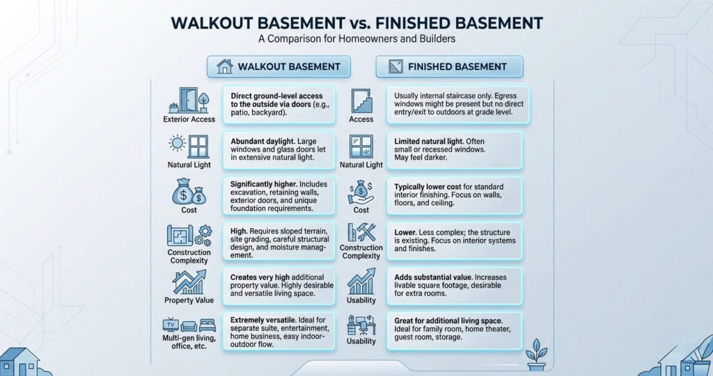 Walkout Basement vs. Finished Basement Northern Virginia: Which Is Better for Your Home? 4 Infographic comparing walkout basement and finished basement differences including cost, access, and value.