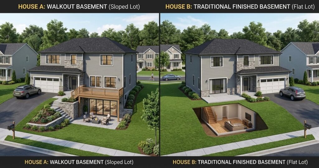 Walkout Basement vs. Finished Basement Northern Virginia: Which Is Better for Your Home? 10 Side-by-side comparison of a walkout basement home and a finished basement home in Northern Virginia showing structural differences and exterior access.