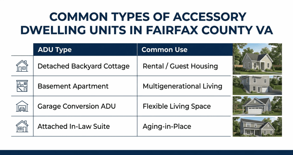ADU Mistakes Fairfax County VA: What Homeowners Need to Know Before Construction 2 ADU mistakes Fairfax County VA infographic showing detached ADU basement apartment garage conversion and in-law suite types