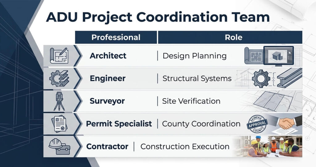 ADU Mistakes Fairfax County VA: What Homeowners Need to Know Before Construction 7 ADU mistakes Fairfax County VA infographic showing architects engineers surveyors and ADU contractors coordination