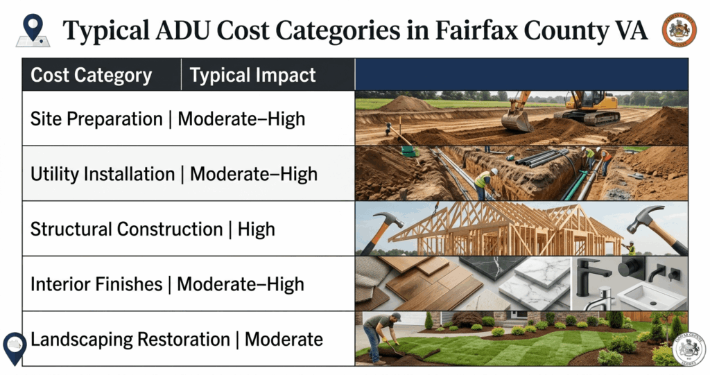 ADU Mistakes Fairfax County VA: What Homeowners Need to Know Before Construction 8 ADU mistakes Fairfax County VA budget infographic showing site preparation utility installation and structural construction costs