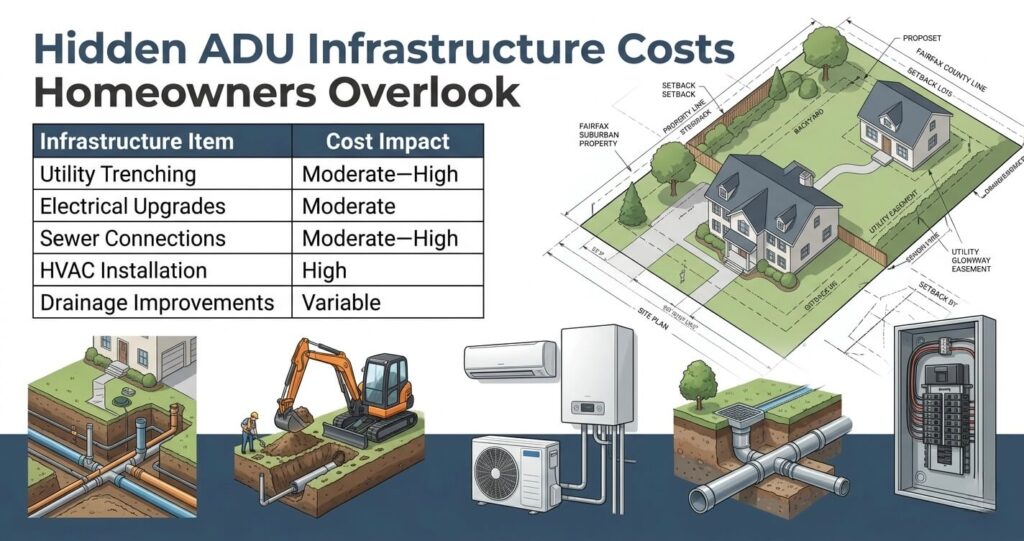 ADU Mistakes Fairfax County VA: What Homeowners Need to Know Before Construction 4 ADU mistakes Fairfax County VA infrastructure cost infographic showing utility trenching sewer HVAC and drainage costs