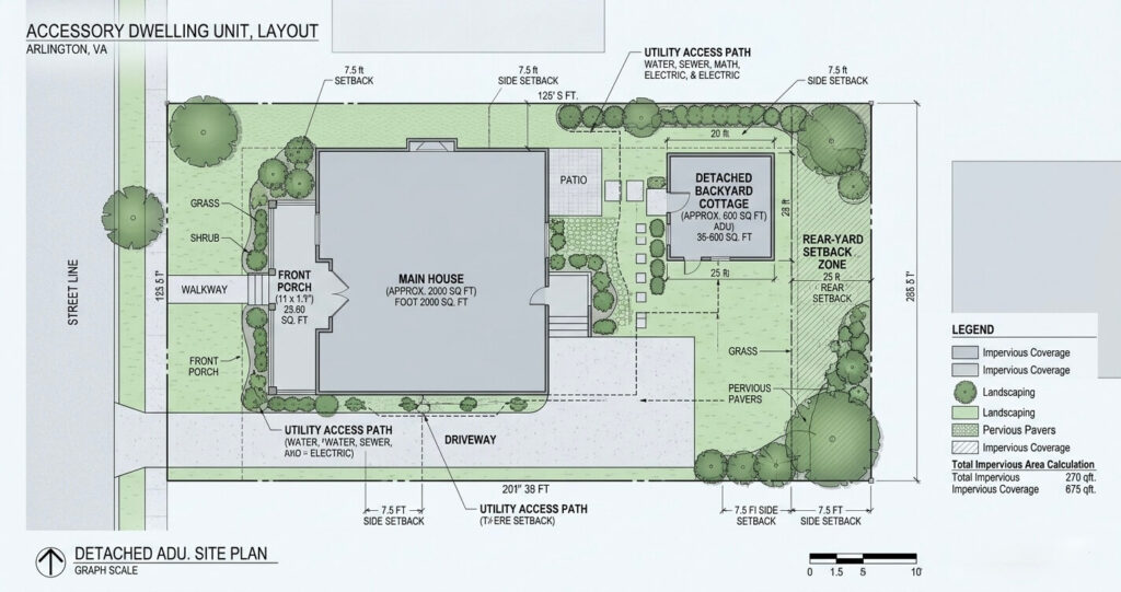 ADU regulations Arlington VA lot coverage setback site plan detached ADU layout

