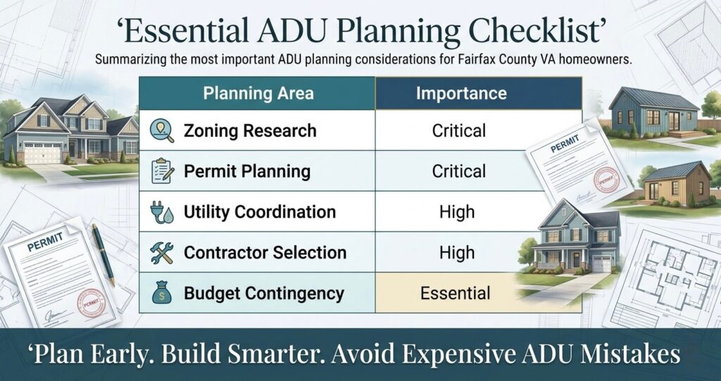 ADU Mistakes Fairfax County VA: What Homeowners Need to Know Before Construction 9 ADU mistakes Fairfax County VA checklist infographic showing zoning permits budgeting contractor planning and utility coordination