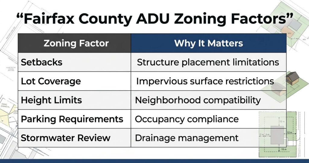 ADU Mistakes Fairfax County VA: What Homeowners Need to Know Before Construction 3 ADU mistakes Fairfax County VA zoning infographic showing setbacks lot coverage parking and stormwater rules