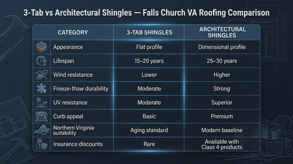 Roof Replacement Before After Falls Church VA: Full 2026 Case Study 5 roof replacement before after Falls Church VA architectural shingles vs 3-tab roofing comparison