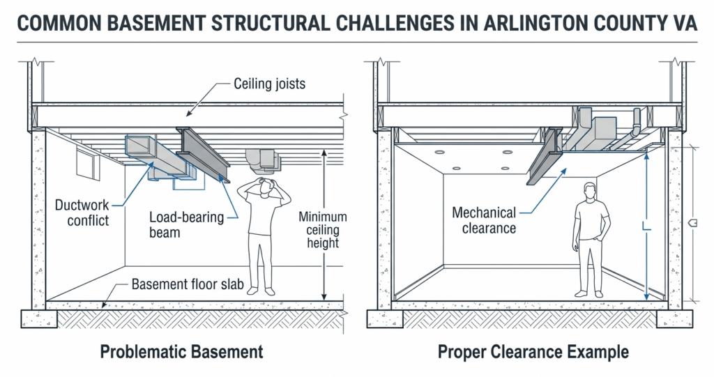 Basement Finishing Permit Arlington County VA: What Homeowners Must Know in 2026 4 basement finishing permit Arlington County VA ceiling height and structural clearance illustration
