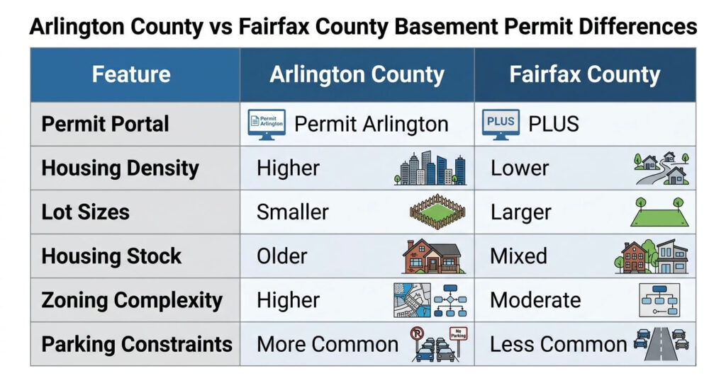 Basement Finishing Permit Arlington County VA: What Homeowners Must Know in 2026 8 basement finishing permit Arlington County VA versus Fairfax County permit comparison table