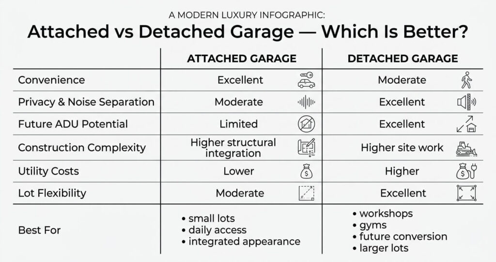 Attached vs. Detached Garage Vienna VA: Pros, Cons & Cost Guide (2026) 7 attached vs detached garage Vienna VA decision matrix for garage addition Vienna VA and detached garage cost Vienna VA